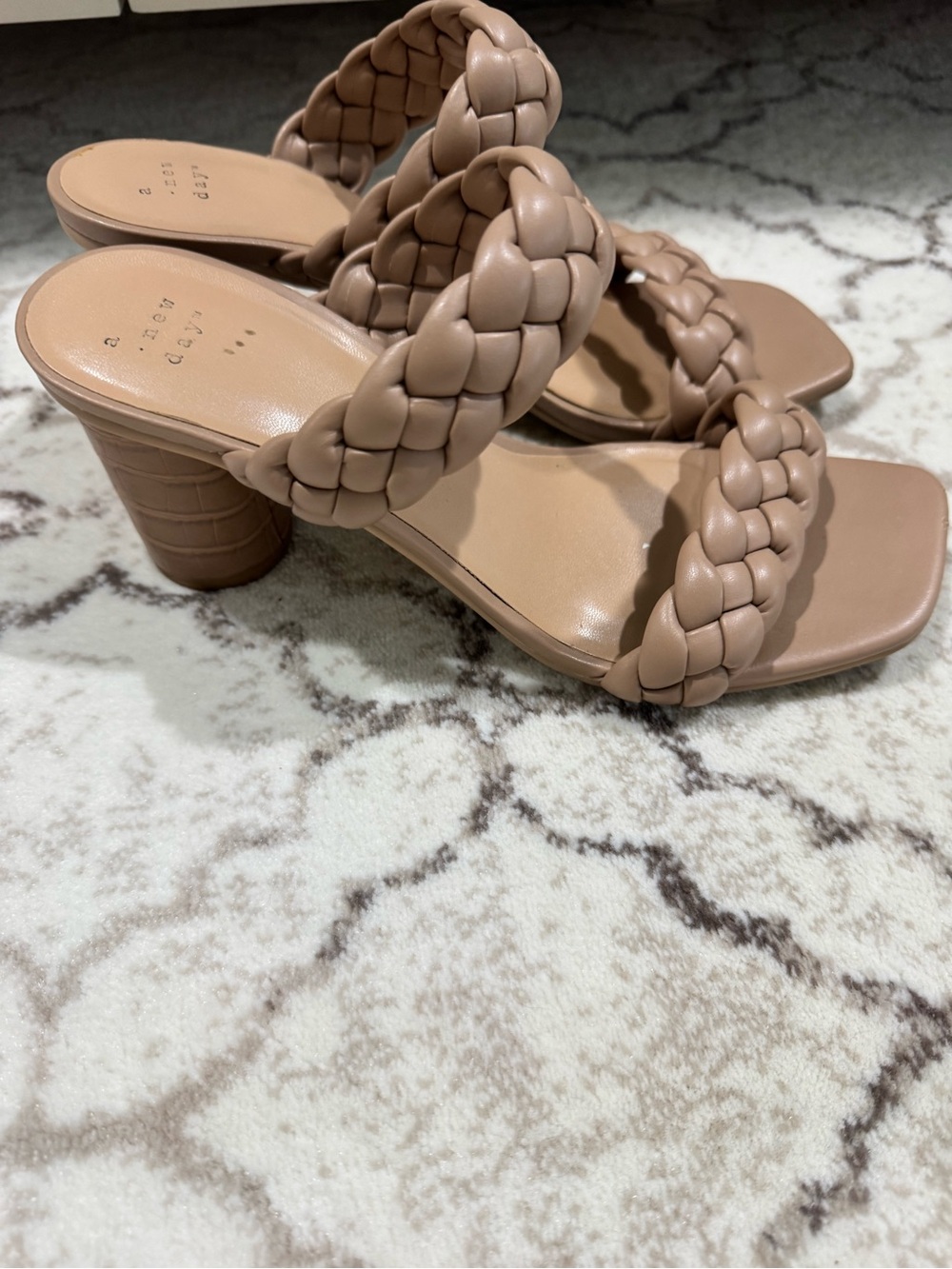 Braided Strap Square-Toe Heeled Sandals in Pink, Taupe, off White, Metallic. - Picture 8 of 10